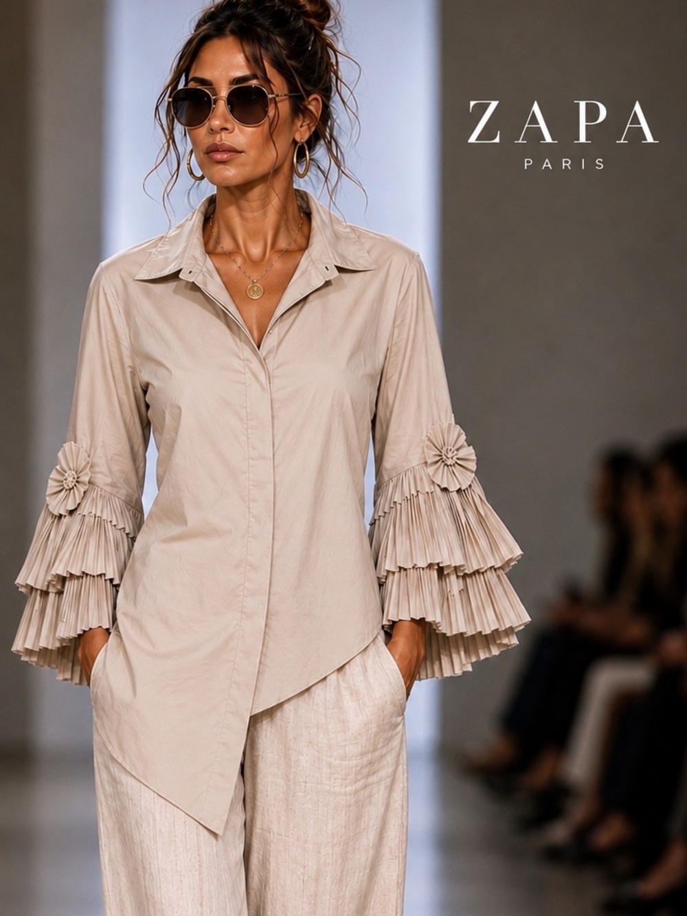 ZAPA, Paris Stone Cotton Blend Shirt, Tiered Bell Sleeves French Size Medium